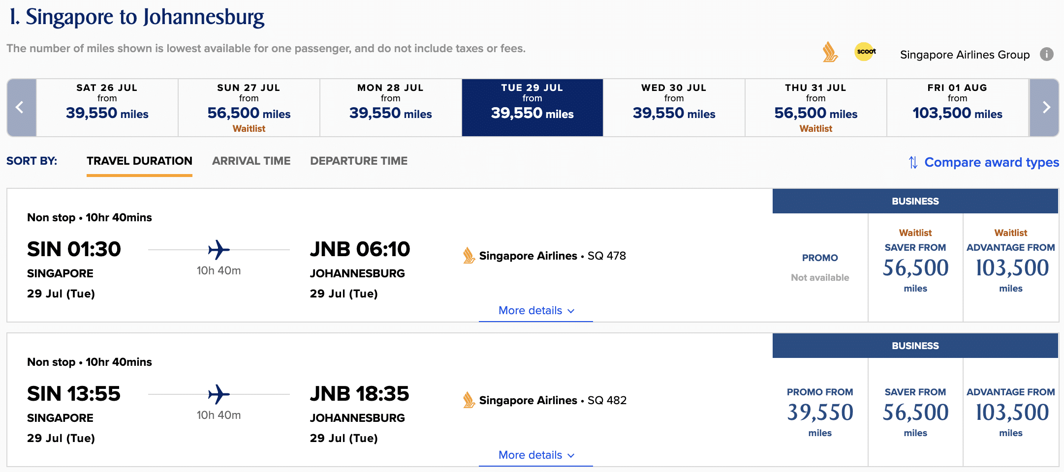 Singapore Airlines SIN JNB Calendar view
